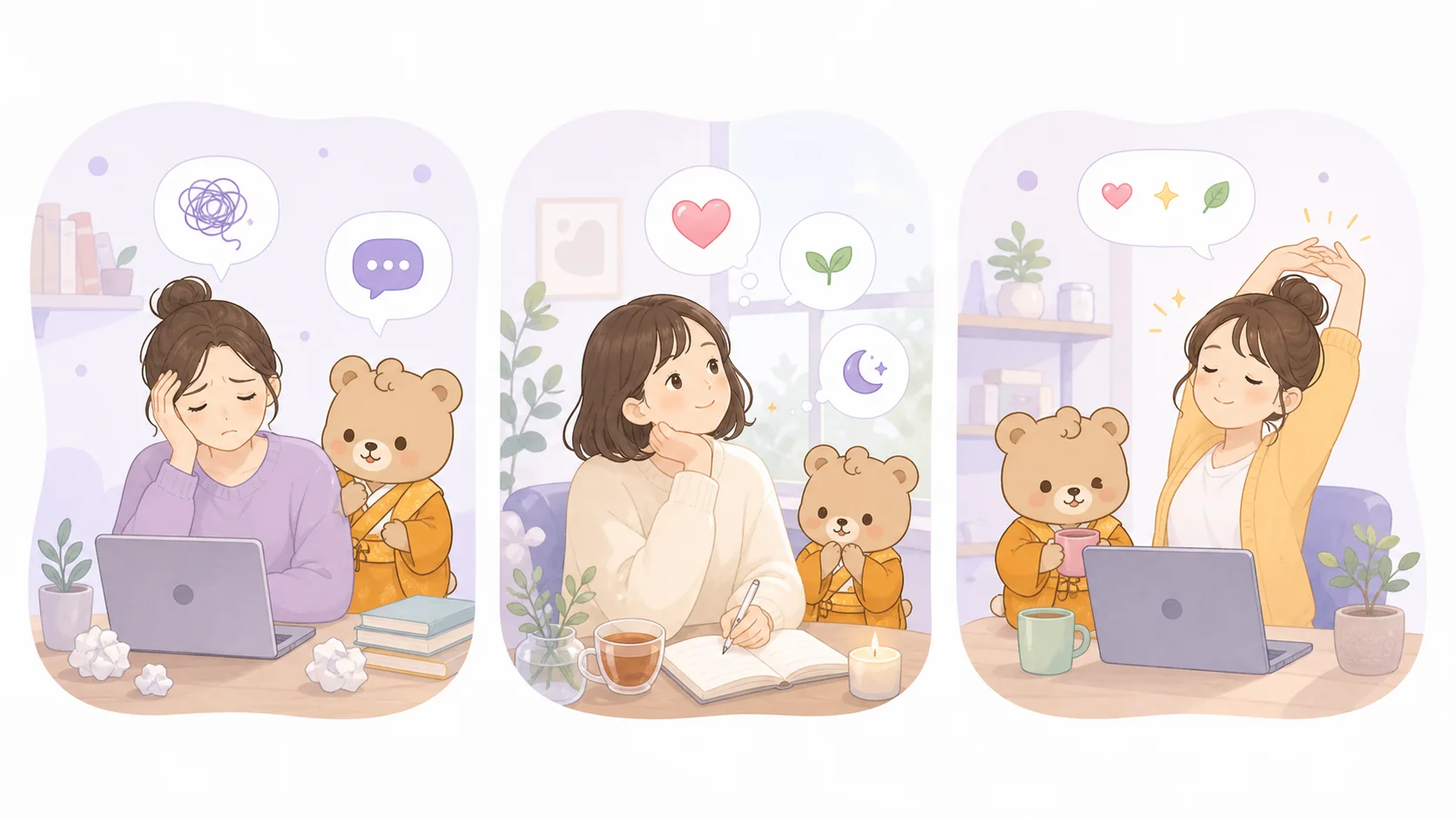 もやもや、不安、仕事のストレスを抱える人がmentan.aiで気持ちを整理するイメージ
