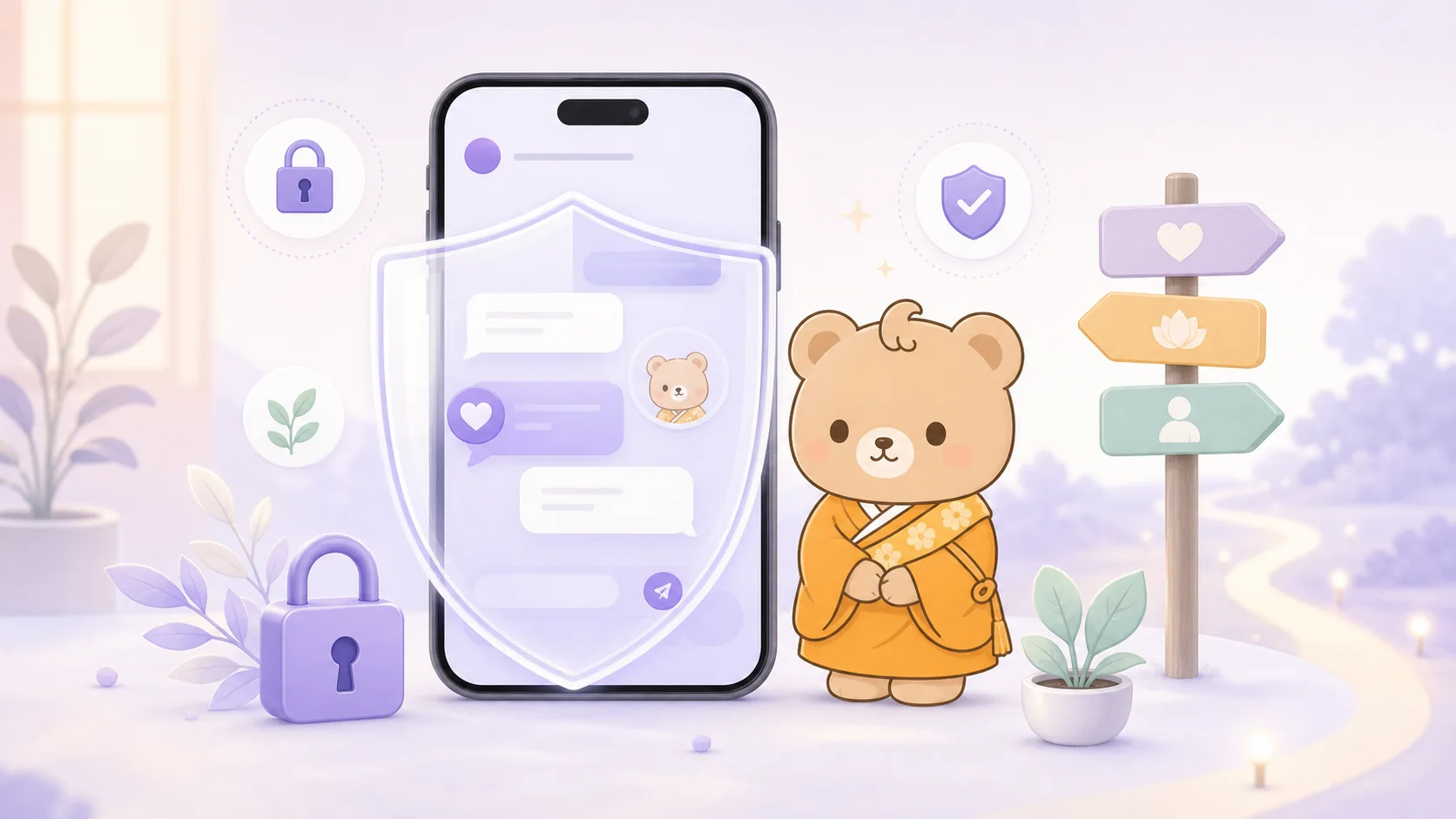 プライバシー、安全性、AIの使い方の境界を表すやさしいイラスト